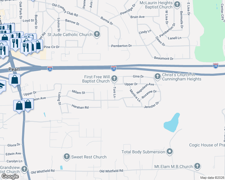 map of restaurants, bars, coffee shops, grocery stores, and more near 423 Toni Lane in Pearl