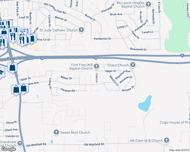 map of restaurants, bars, coffee shops, grocery stores, and more near 423 Toni Lane in Pearl