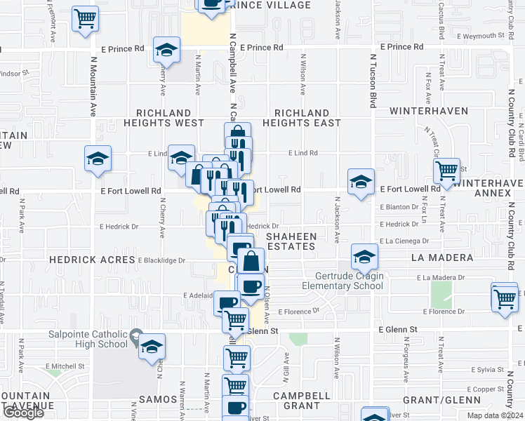 map of restaurants, bars, coffee shops, grocery stores, and more near 3134 North Olsen Avenue in Tucson