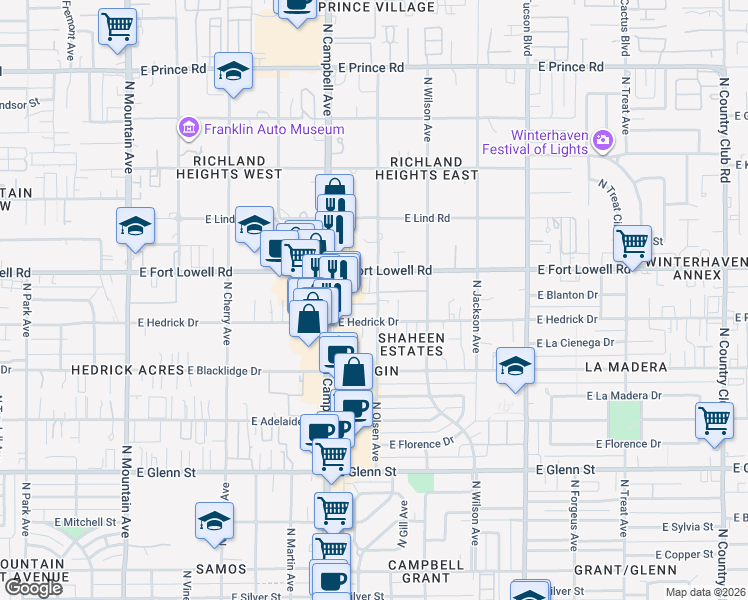 map of restaurants, bars, coffee shops, grocery stores, and more near 3149 North Olsen Avenue in Tucson