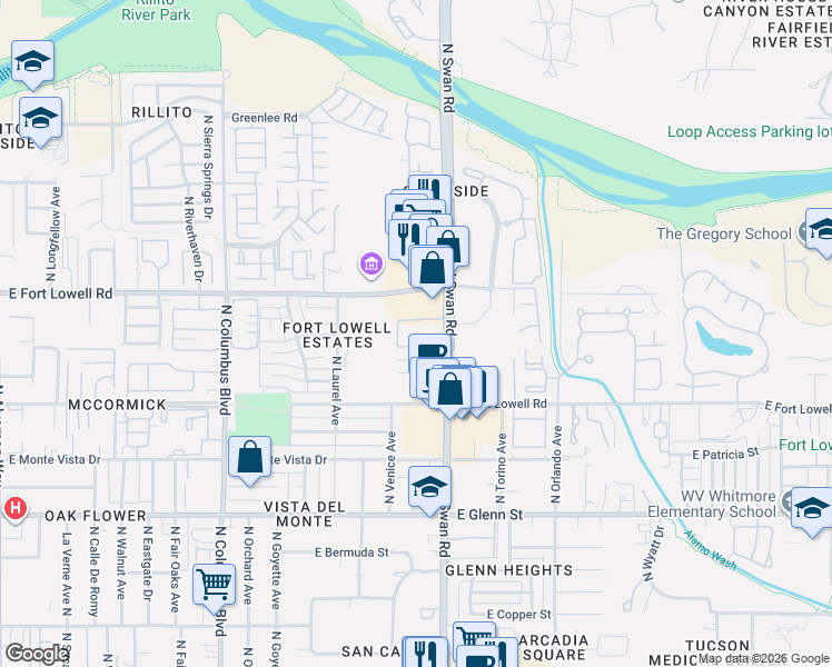 map of restaurants, bars, coffee shops, grocery stores, and more near 3121 North Swan Road in Tucson