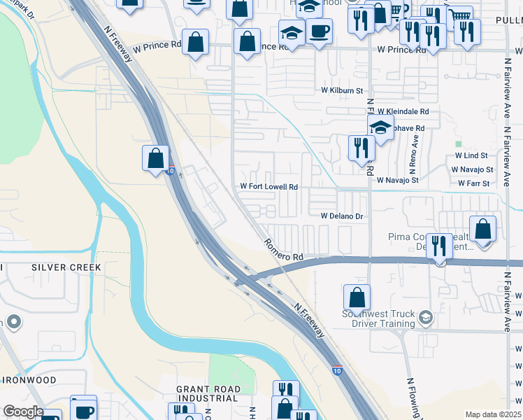 map of restaurants, bars, coffee shops, grocery stores, and more near 3120 North Romero Road in Tucson