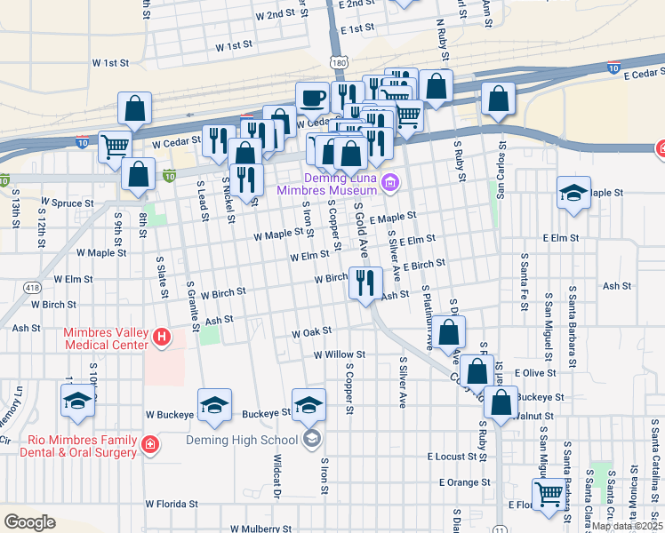map of restaurants, bars, coffee shops, grocery stores, and more near 603 South Iron Street in Deming