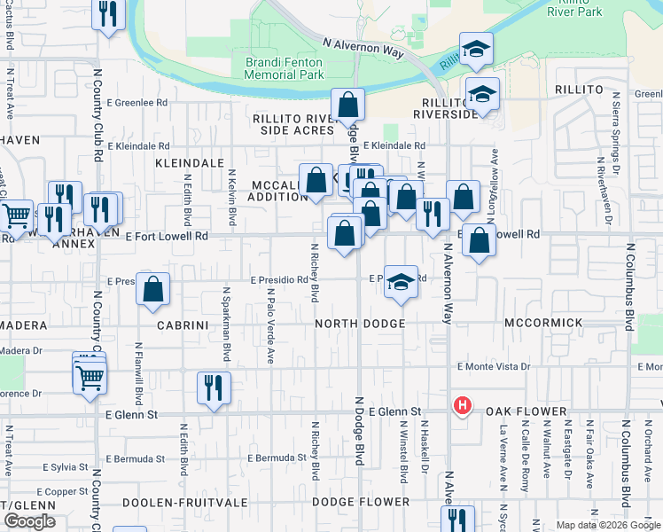 map of restaurants, bars, coffee shops, grocery stores, and more near 102 North Richey Boulevard in Tucson
