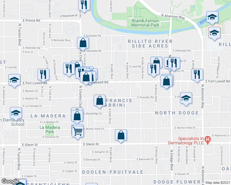 map of restaurants, bars, coffee shops, grocery stores, and more near 3315 East Presidio Road in Tucson
