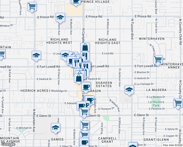 map of restaurants, bars, coffee shops, grocery stores, and more near 3122 North Campbell Avenue in Tucson