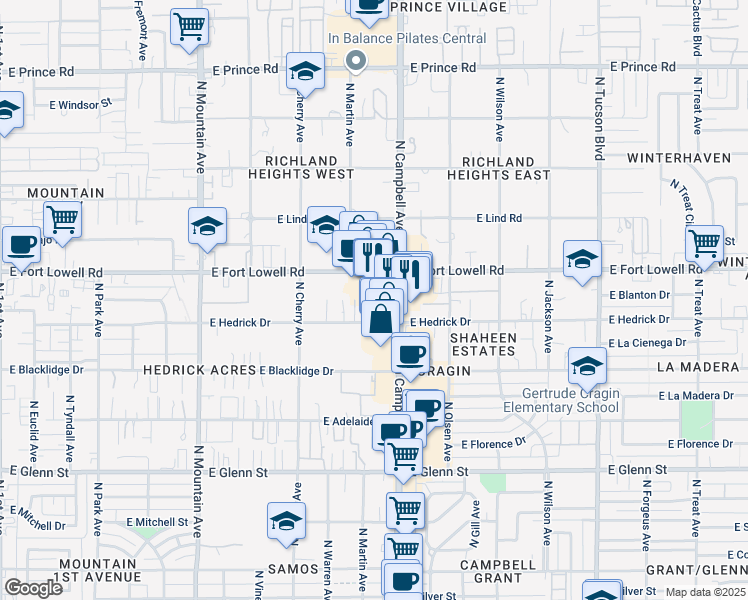 map of restaurants, bars, coffee shops, grocery stores, and more near 3105 North Campbell Avenue in Tucson
