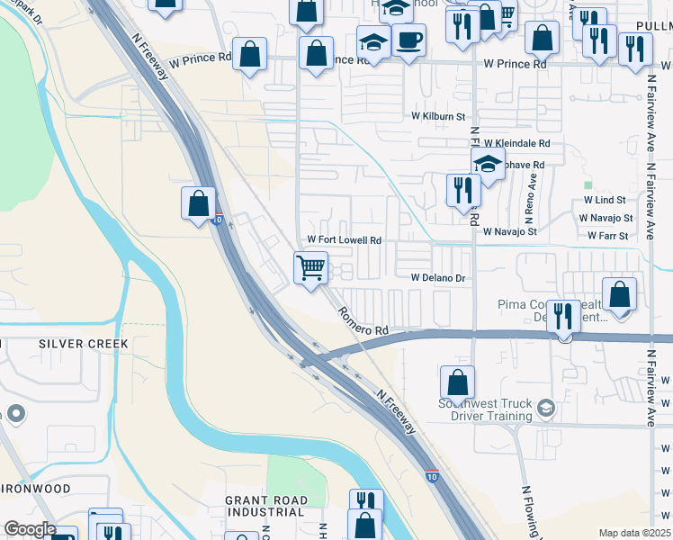 map of restaurants, bars, coffee shops, grocery stores, and more near 3120 North Romero Road in Tucson