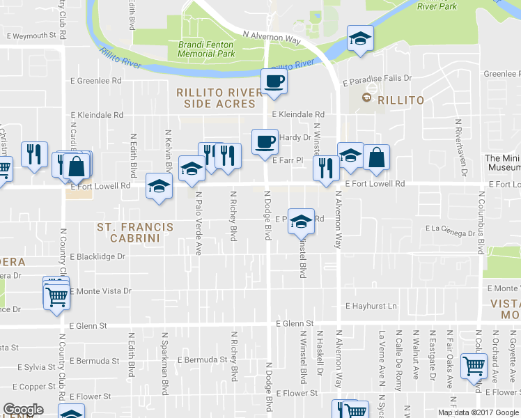 map of restaurants, bars, coffee shops, grocery stores, and more near 3667 East Presidio Road in Tucson