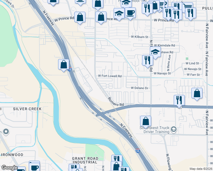map of restaurants, bars, coffee shops, grocery stores, and more near 3120 North Romero Road in Tucson