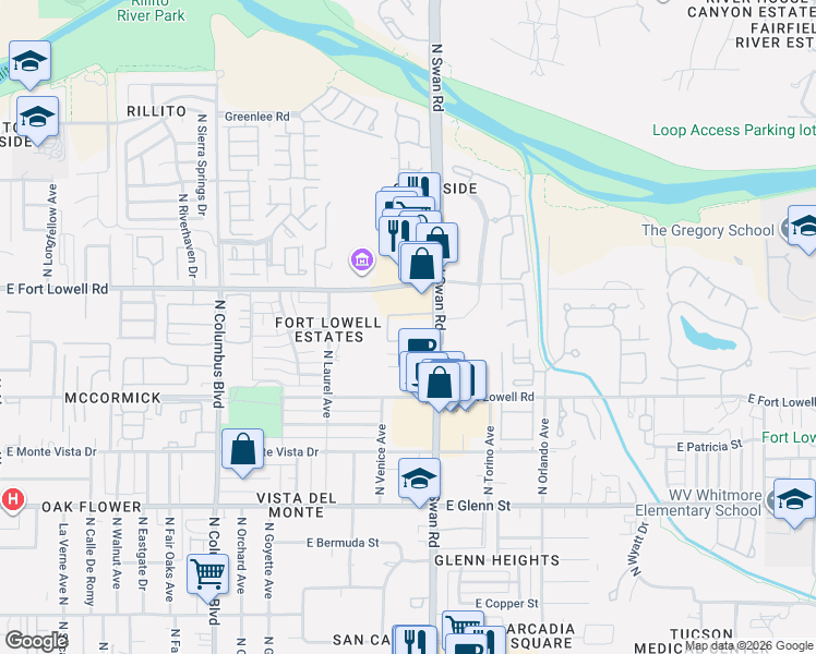 map of restaurants, bars, coffee shops, grocery stores, and more near 3121 North Swan Road in Tucson