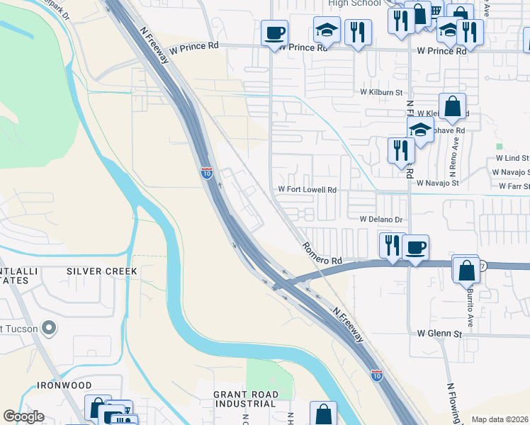 map of restaurants, bars, coffee shops, grocery stores, and more near 3143 North Freeway Industrial Loop in Tucson
