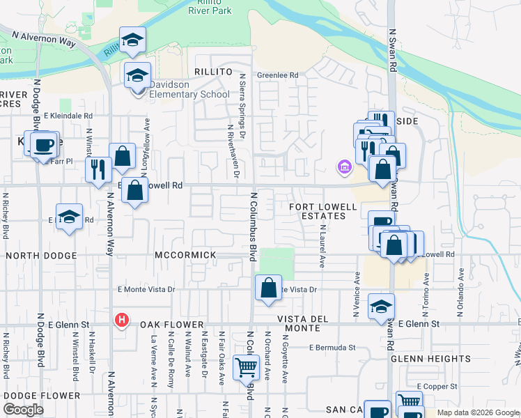 map of restaurants, bars, coffee shops, grocery stores, and more near 3126 North Columbus Boulevard in Tucson