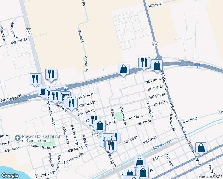 map of restaurants, bars, coffee shops, grocery stores, and more near 114 Northeast 11th Street in Big Spring