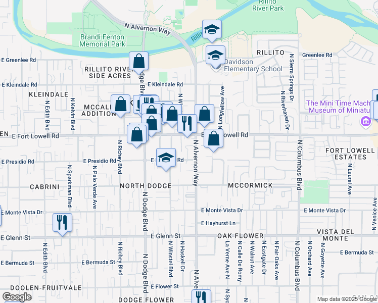 map of restaurants, bars, coffee shops, grocery stores, and more near 3861 East Presidio Road in Tucson