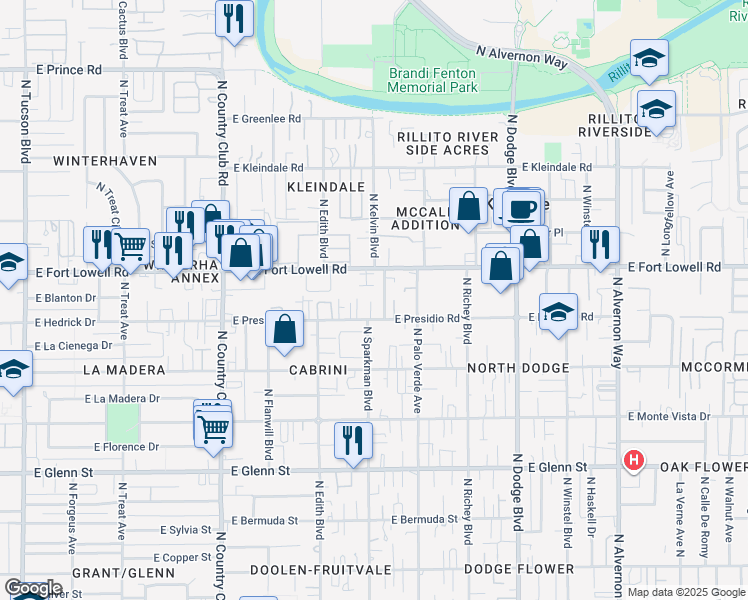 map of restaurants, bars, coffee shops, grocery stores, and more near 3401 East Presidio Road in Tucson