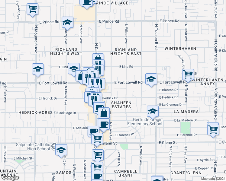 map of restaurants, bars, coffee shops, grocery stores, and more near 3134 North Olsen Avenue in Tucson