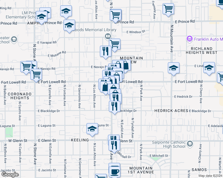 map of restaurants, bars, coffee shops, grocery stores, and more near 3107 North 1st Avenue in Tucson