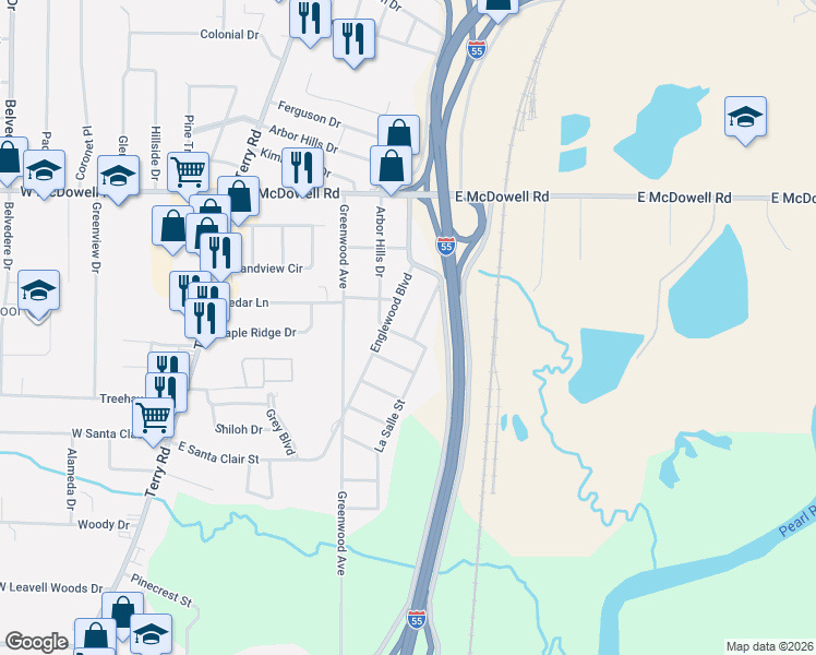 map of restaurants, bars, coffee shops, grocery stores, and more near Arbor Hill Dr in Jackson