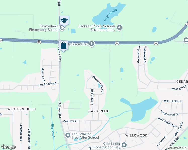 map of restaurants, bars, coffee shops, grocery stores, and more near 2340 Princess Pine Drive in Jackson