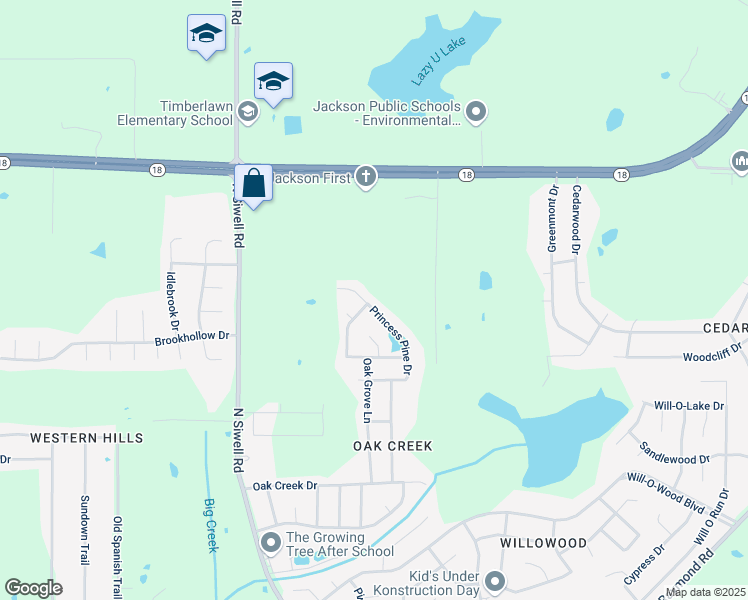 map of restaurants, bars, coffee shops, grocery stores, and more near 2340 Princess Pine Drive in Jackson