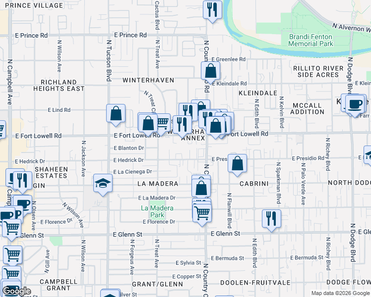map of restaurants, bars, coffee shops, grocery stores, and more near 3127 North Terrell Place in Tucson