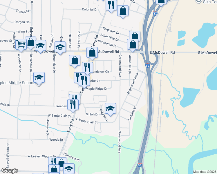 map of restaurants, bars, coffee shops, grocery stores, and more near 127 Maple Ridge Drive in Jackson