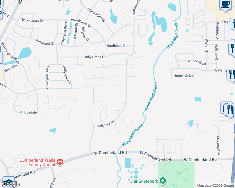 map of restaurants, bars, coffee shops, grocery stores, and more near Old Farm Road in Tyler