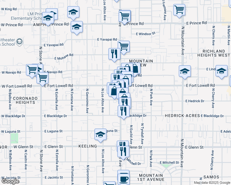 map of restaurants, bars, coffee shops, grocery stores, and more near 3107 North 1st Avenue in Tucson
