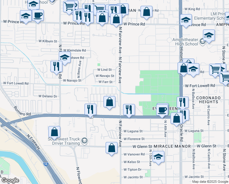 map of restaurants, bars, coffee shops, grocery stores, and more near Westminster in Tucson