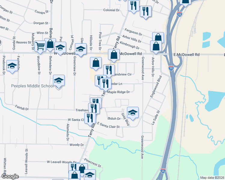 map of restaurants, bars, coffee shops, grocery stores, and more near 101 Maple Ridge Drive in Jackson