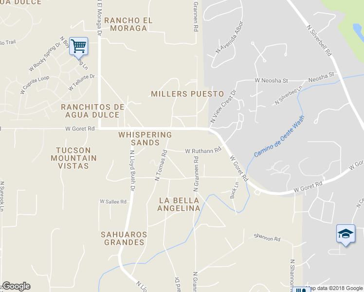 map of restaurants, bars, coffee shops, grocery stores, and more near 3390 West Ruthann Road in Tucson