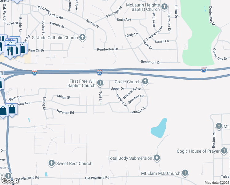 map of restaurants, bars, coffee shops, grocery stores, and more near 409 Monica Lane in Pearl