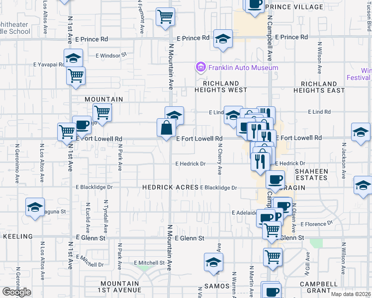map of restaurants, bars, coffee shops, grocery stores, and more near 1300 East Fort Lowell Road in Tucson