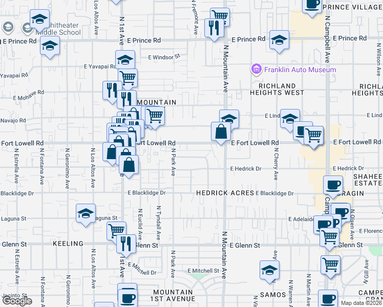 map of restaurants, bars, coffee shops, grocery stores, and more near 1106 East Blanton Drive in Tucson
