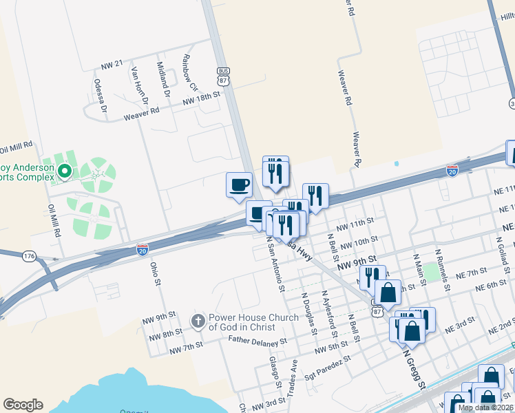 map of restaurants, bars, coffee shops, grocery stores, and more near 704 Interstate 20 in Big Spring