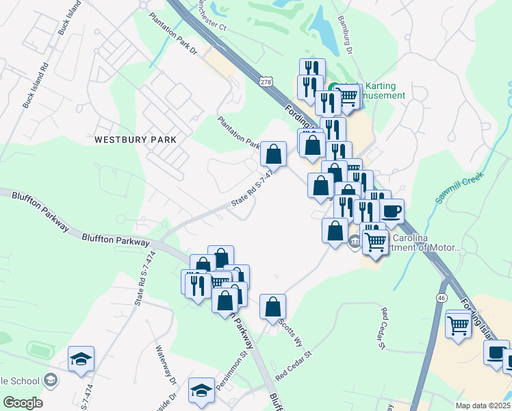 map of restaurants, bars, coffee shops, grocery stores, and more near 49 Simmonsville Rd in Bluffton