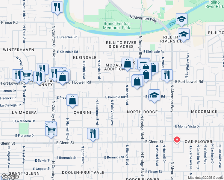 map of restaurants, bars, coffee shops, grocery stores, and more near 3125 North Palo Verde Avenue in Tucson