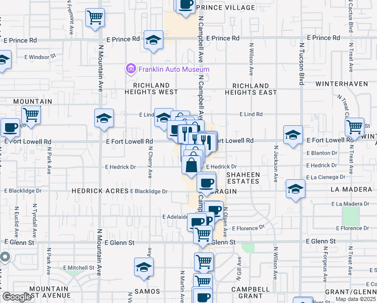 map of restaurants, bars, coffee shops, grocery stores, and more near 3105 North Campbell Avenue in Tucson