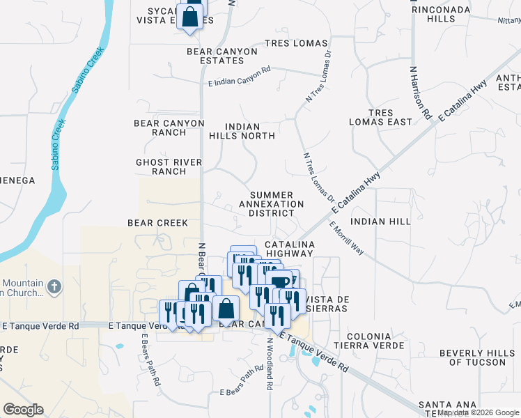 map of restaurants, bars, coffee shops, grocery stores, and more near 9051 East Eagle Feather Road in Tucson