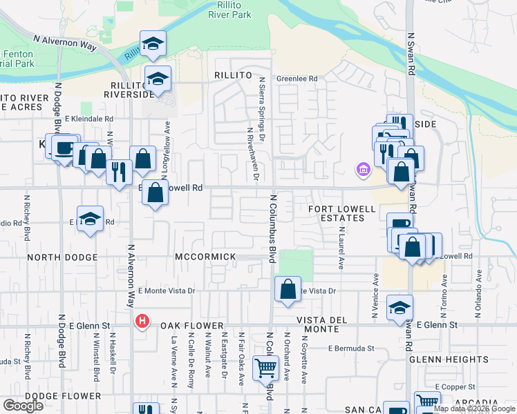 map of restaurants, bars, coffee shops, grocery stores, and more near 4219 East Presidio Road in Tucson