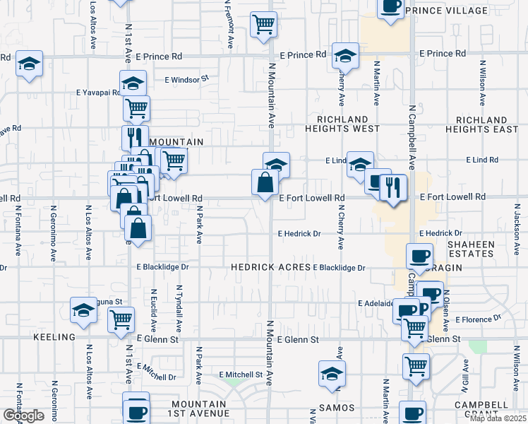 map of restaurants, bars, coffee shops, grocery stores, and more near 3110 North Santa Rita Avenue in Tucson