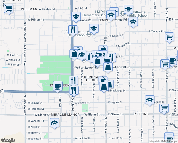 map of restaurants, bars, coffee shops, grocery stores, and more near 219 West Fort Lowell Road in Tucson