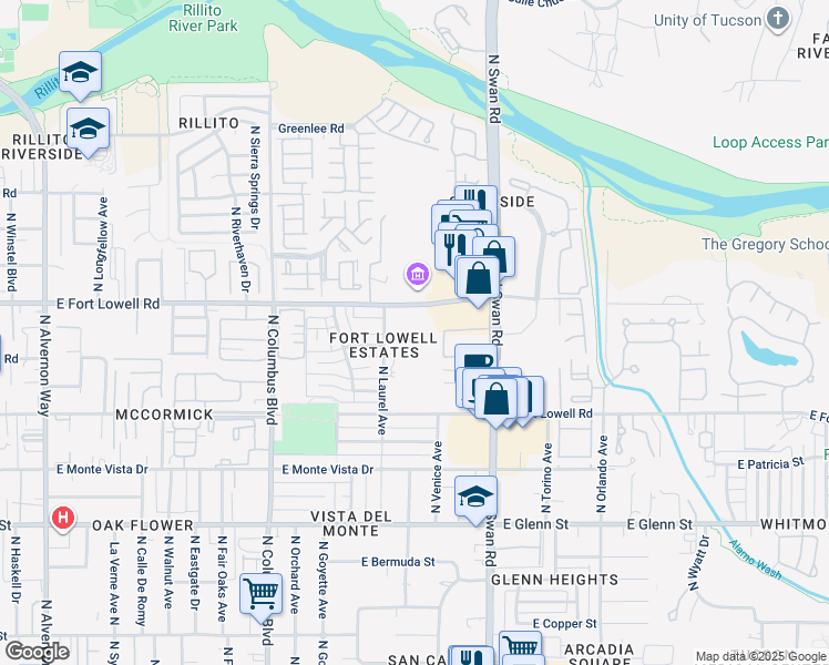map of restaurants, bars, coffee shops, grocery stores, and more near 4556 East Camp Lowell Drive in Tucson