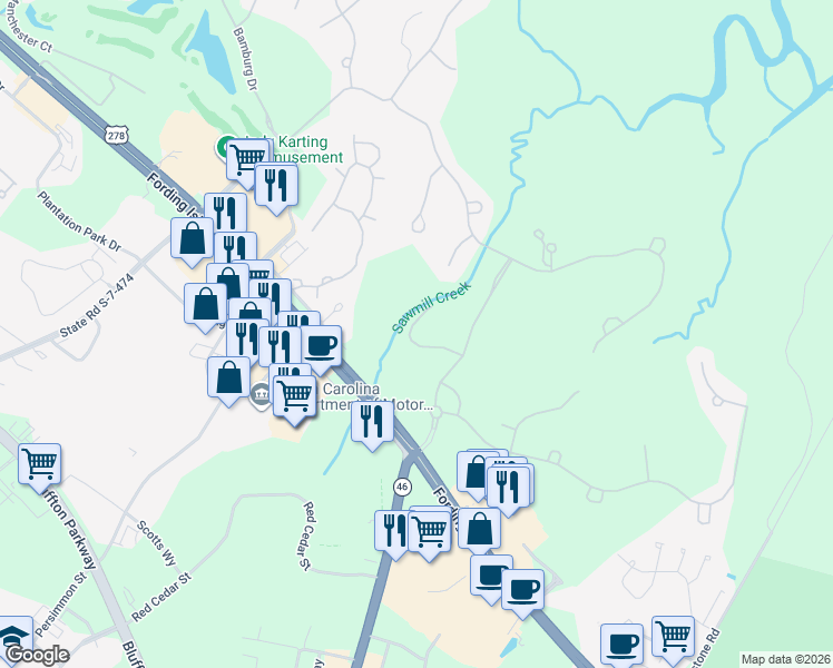 map of restaurants, bars, coffee shops, grocery stores, and more near 41 Crescent Plantation in Bluffton