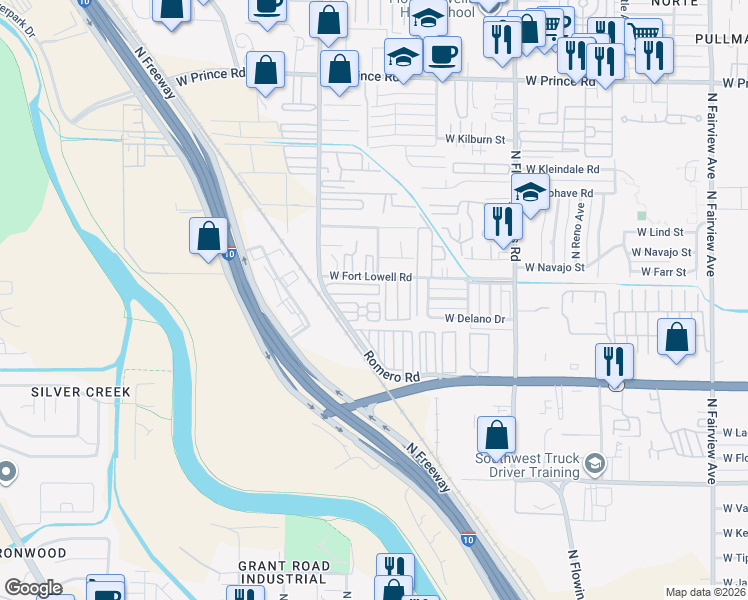 map of restaurants, bars, coffee shops, grocery stores, and more near 3120 North Romero Road in Tucson