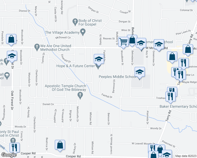 map of restaurants, bars, coffee shops, grocery stores, and more near 2921 Fairhill Drive in Jackson