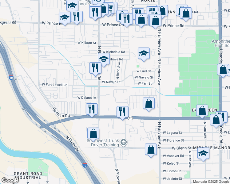 map of restaurants, bars, coffee shops, grocery stores, and more near 1202 West Miracle Mile in Tucson