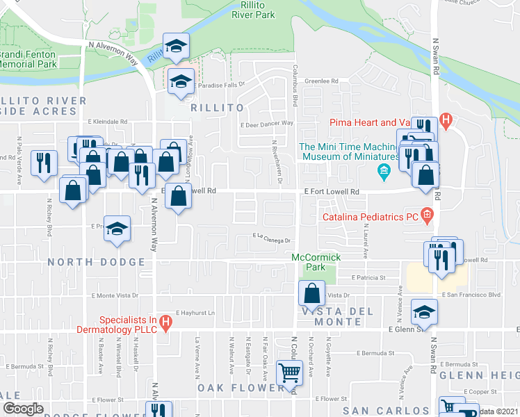 map of restaurants, bars, coffee shops, grocery stores, and more near 4163 East Cll Cambujo in Tucson