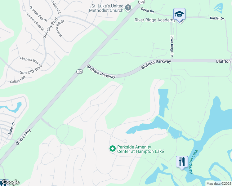 map of restaurants, bars, coffee shops, grocery stores, and more near 127 Station Parkway in Bluffton
